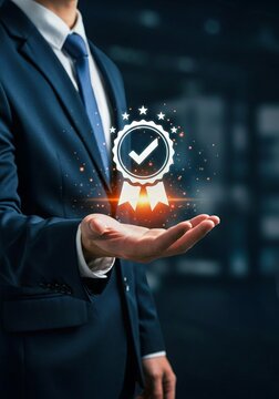 businessman holding a glass of water, Business people showing ideas warranty, international standard, ISO quality certification and quality guarantee mark, Excellent accreditation in the industry, Cer