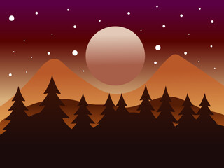 Minimalist Flat Style Vector Illustration With Red, Orange, And Purple Gradient Color Palette, Featuring Dark Pine Forest, Silhouetted Mountains, And A Large Full Moon In A Starry Twilight Sky.