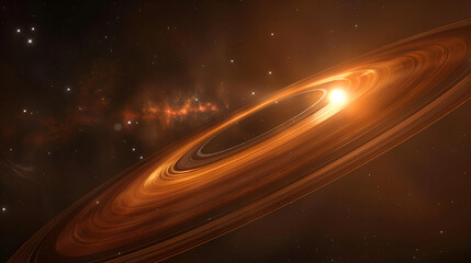 Artistic rendering of a black hole with accretion disk and distant stars in a dark space scene