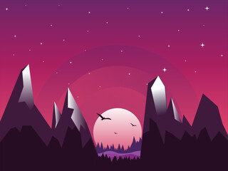 Minimalist Flat Vector Illustration With Purple And Red Color Gradients, Featuring Silhouettes Of Sharp Peaked Mountains, A Large Sunset, A Starry Twilight Sky, And Flying Birds.