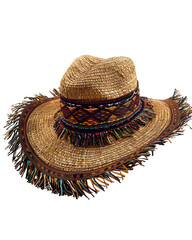 Straw hat with colorful beaded band and fringe detail