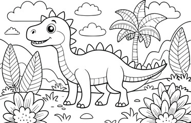 Cute Cartoon Dinosaur Coloring Page Tropical Scene