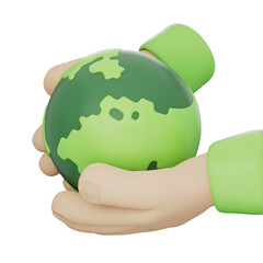 Cartoon hand holding green earth symbolizing eco care, global unity, nature protection, climate hope, clean planet, sustainability, love, peace, forest balance, earthday message, environmental concept