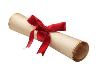 Photorealistic Rolled Up Parchment Scroll with a Red Ribbon on Transparent Background