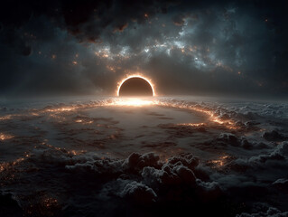 A minimal surreal scene of the sun fading into black void, earth in silhouette