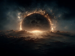 A minimal surreal scene of the sun fading into black void, earth in silhouette