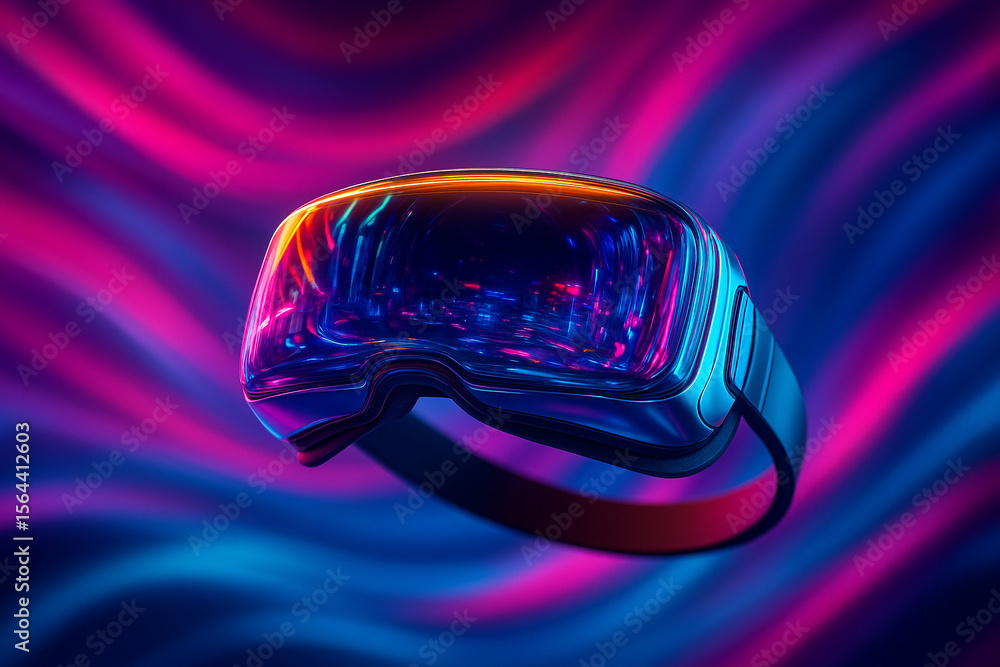 Poster ai generated digital artwork featuring a floating futuristic vr headset with reflective lens and glo