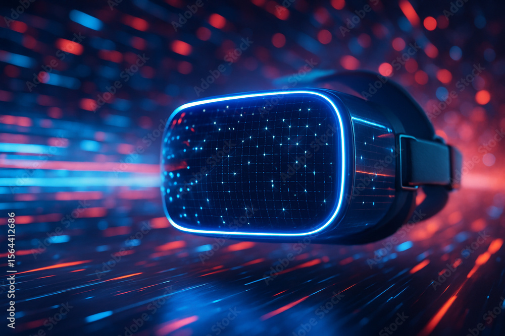 Poster ai generated image of a futuristic vr headset floating in a glowing digital tunnel surrounded by red