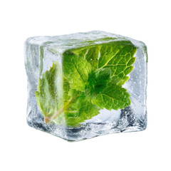 Photorealistic Square Ice Cube with Green Mint Leaf on Transparent Backdrop