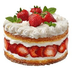 Photorealistic Strawberry Shortcake Layers Cream Fresh Strawberries and Mint on Transparent