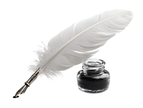 Photorealistic White Writer's Quill and Black Ink Jar on Transparent Background