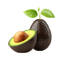 Ripe Avocado Halved with Visible Seed and Green Leaves on Transparent Backdrop
