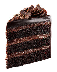 Rich Dark Chocolate Fudge Cake Slice with Shavings on Transparent Background