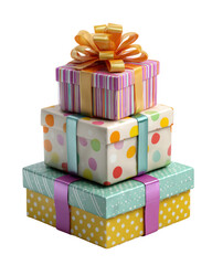 Stack of Colorful Gift Boxes Wrapped with Ribbons on a Transparent Background