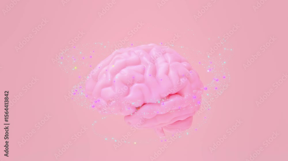 Poster pink brain. brain rotating against pastel pink backdrop with glowing rings rotating from bottom to t