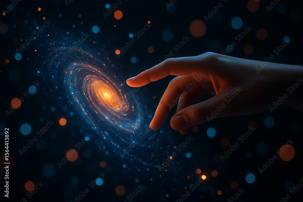 Poster ai generated image of a human hand gently reaching toward a glowing spiral galaxy surrounded by abst