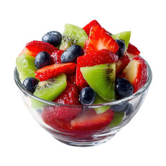 Vibrant Fruit Salad Display in Clear Glass Bowl Featuring Fresh Strawberries Blueberries and Kiwi