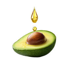 Vibrant Half Avocado with Falling Drop of Golden Liquid on Transparent Background