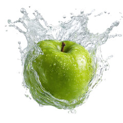Vibrant Green Granny Smith Apple with Water Splash on Transparent Background