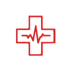 Vibrant Red 3D Medical Cross Graphic with Electrocardiogram Line on Transparent Background