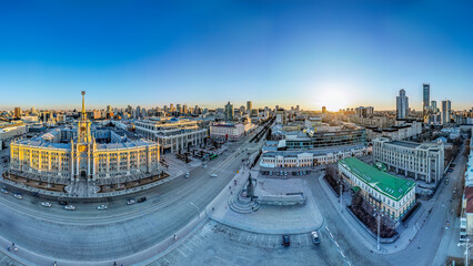 Yekaterinburg City Administration or City Hall. Central square. Evening city in the early spring, Aerial View.