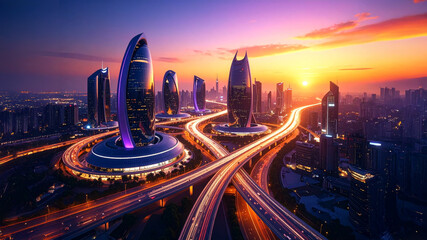 Obraz premium A futuristic city glows at sunset, featuring sleek skyscrapers and multiple elevated highways illuminated with vibrant light trails, creating a dynamic urban landscape. This image is ideal for themes 