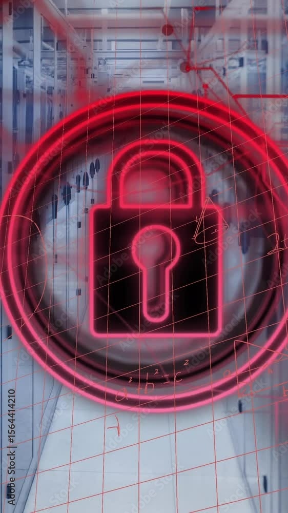 Poster animation of security padlock icon and mathematical equations against computer server room