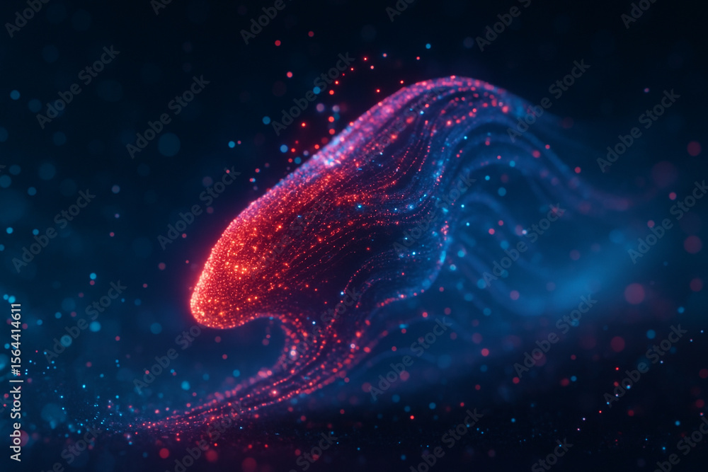 Poster ai generated abstract sci fi image of glowing digital lifeform made of red and blue particles flowin