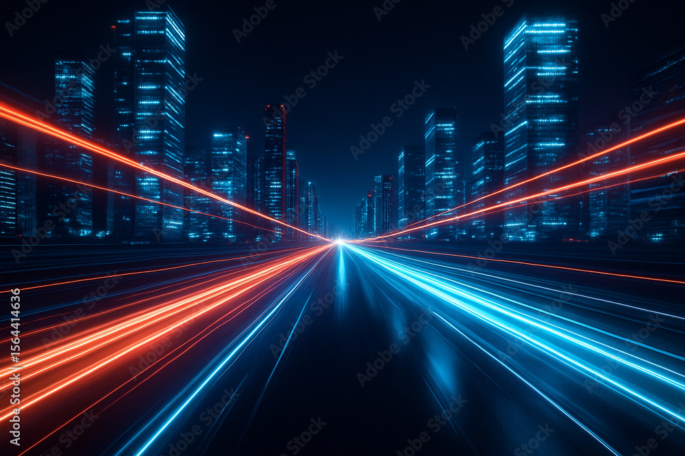 Poster ai generated image of high speed neon light trails racing through a futuristic smart city skyline in