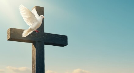 White dove perched on a wooden cross against a serene sky, symbolizing peace and hope