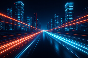 Fototapeta premium AI generated image of high speed neon light trails racing through a futuristic smart city skyline in blue and red tones symbolizing data transmission digital connectivity and immersive motion