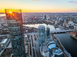 Yekaterinburg aerial panoramic view in spring at sunset. Yekaterinburg city and pond in spring or autumn.