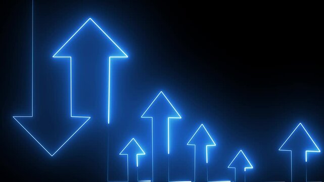 silhouette neon glowing up down crossroad arrow animation on the black background. Up down and crocin arrow loading animation with blue.