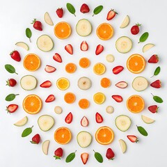 Vibrant assortment of fresh citrus slices and strawberries oranges lemons