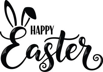 Obraz premium Happy easter text with bunny ears in black on a white background art