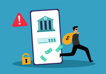 Scammer thief stealing money from mobile banking application. Cybercrime, phishing or financial threat concept.