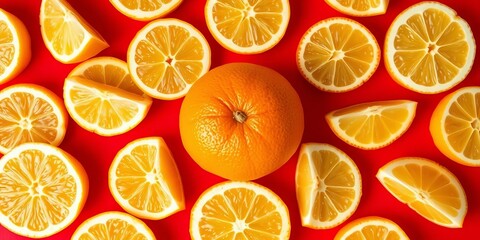 Fototapeta premium Halved lemons arranged symmetrically around a single tangerine on red, lemon, arrangement