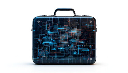 A futuristic briefcase showcases intricate blue circuit patterns on a clean white background, perfect for tech or business themes.