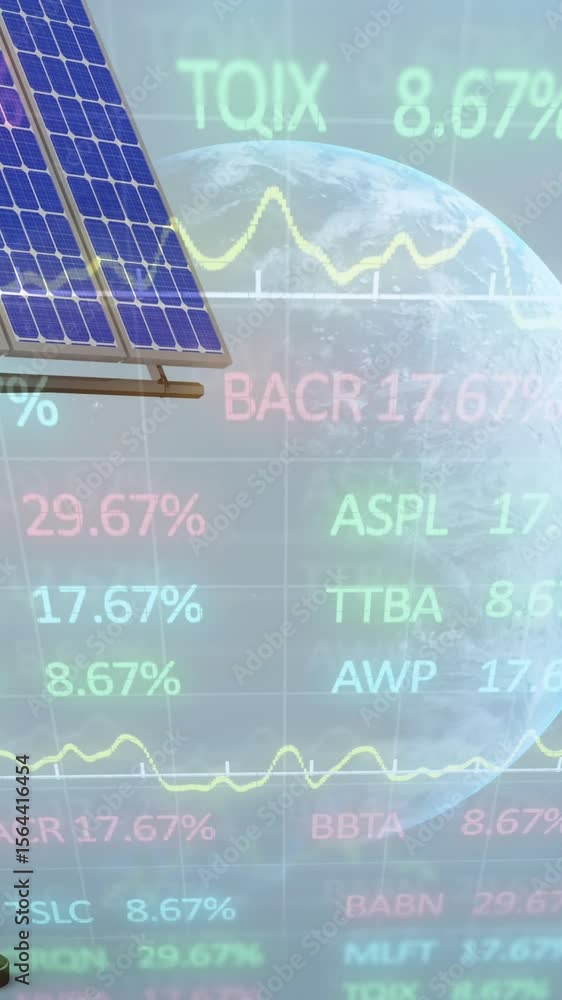 Poster animation of financial data processing over solar panel and globe on blue background