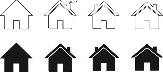 Eight house icons in two rows with different styles and variations