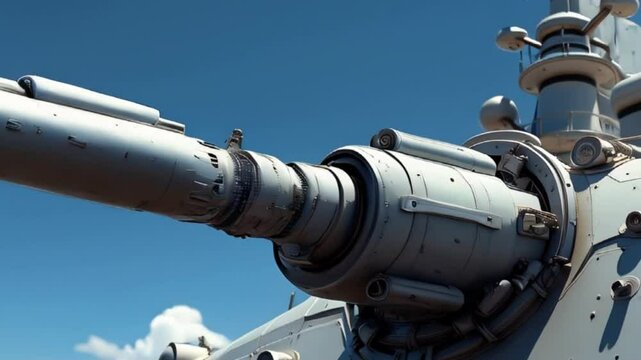 A futuristic, sleek railgun protrudes from the side of a massive, high-tech warship, set against a deep blue sky with a few wispy clouds, as if ready to unleash its powerful electromagnetic projectile