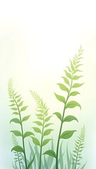 Fototapeta premium A minimal vector illustration of fresh green fern fronds emerging through soft morning mist with bright diffused lighting on a clean white backdrop.