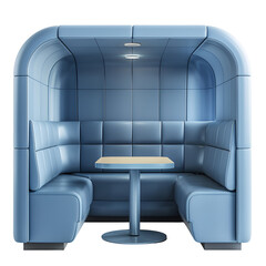 Modern blue booth seating with small table and soft lighting