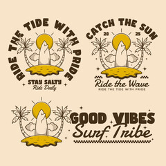 Retro Beach Surf Graphics Collection Featuring Sun Surfboards and Tropical Island Style