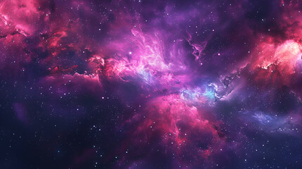 A vibrant nebula with pink and purple hues and scattered stars across the dark expanse of space