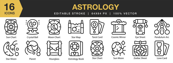 Astrology icon set. Editable Stroke Icon Collection. Includes astrology, star, astronomy, universe, night, and More. Outline icons vector collection.