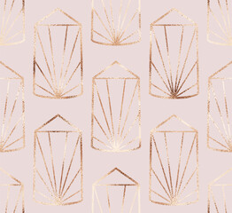 Geometric crystal seamless pattern with gold striped stone ornament.