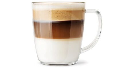 A glass mug with a beautifully layered latte sits in isolation on a pristine white background, creating a simple yet alluring coffee - themed scene that highlights the rich colors and creamy texture 
