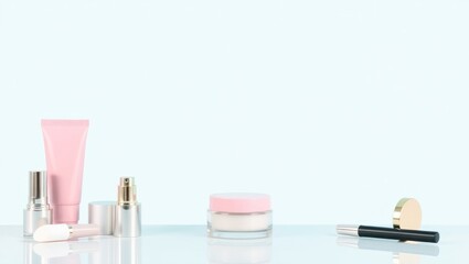 Serene Minimalist Beauty Product Still Life: Pastel Pink & Silver Cosmetic Jars on Light Blue Background
