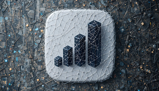A data analytics concept displays rising bar graphs within a networked icon against a detailed, textured backdrop.